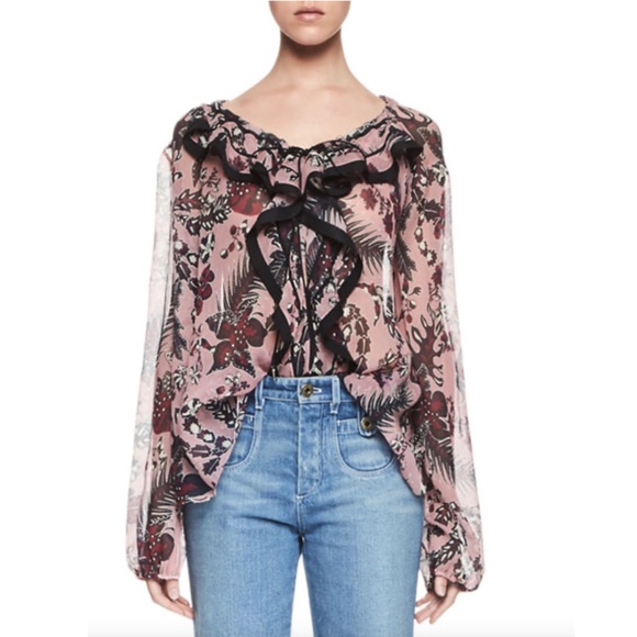 CHLOE Ruffled Cactus-Print Silk Blouse, Pink/Burgandy - Picture 4 of 12